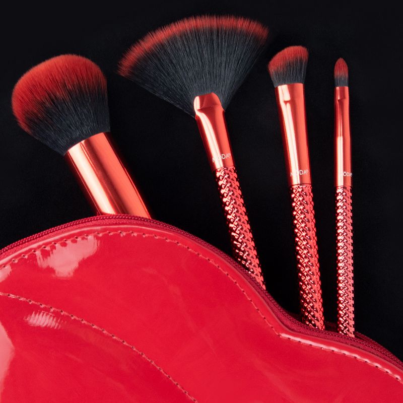 MODA Brush MWAH! 5pc Full Face Metallic Red Makeup Brush Set with Exclusive Lip Zip Case, Includes - Buffer, Highlight, Angle Shader, and Precision Lip Brushes