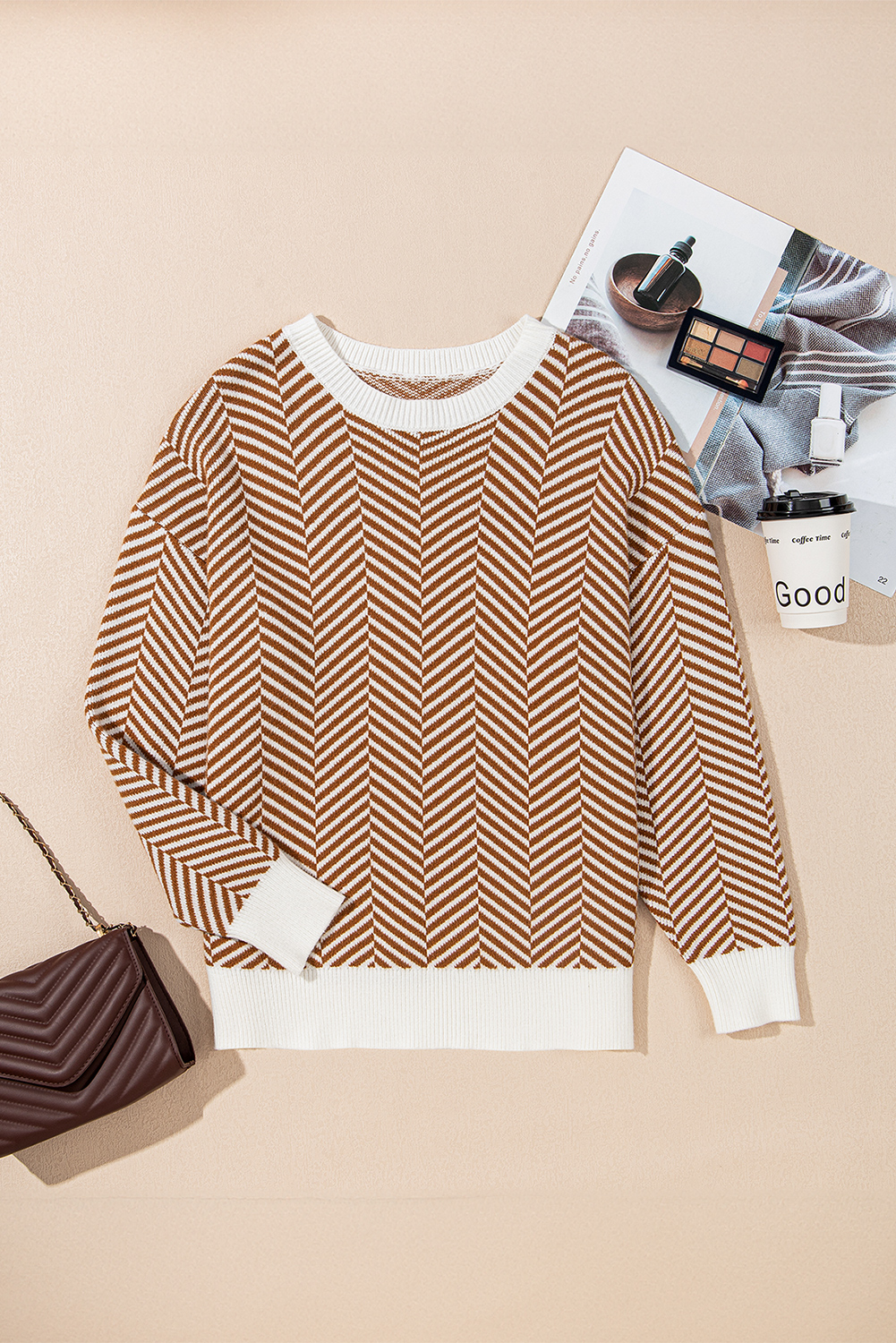 Coffee Stripe Contrast Edge Crew Neck Drop Shoulder Sweater