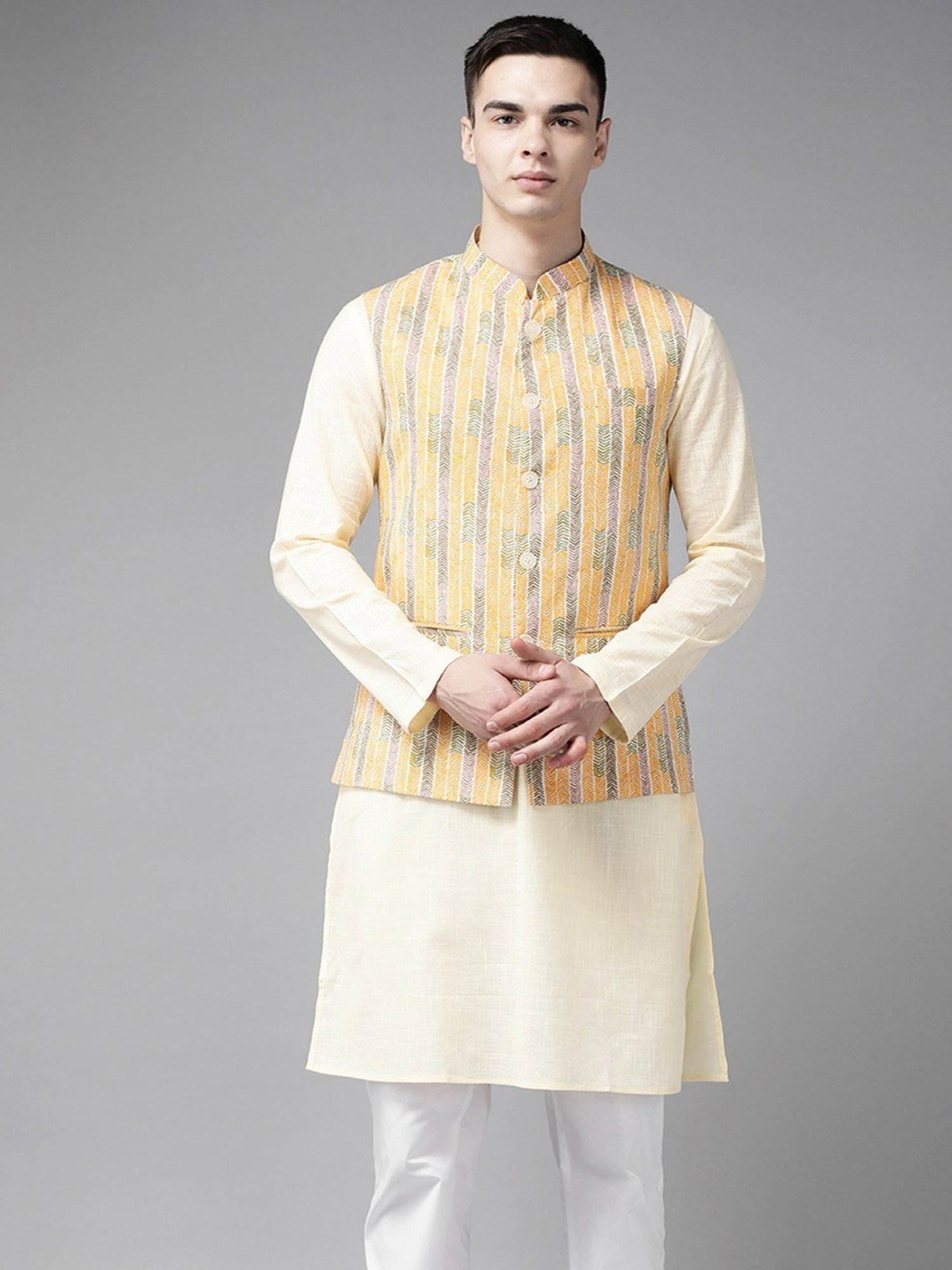 See Designs Yellow Cotton Regular Fit Printed Nehru Jacket