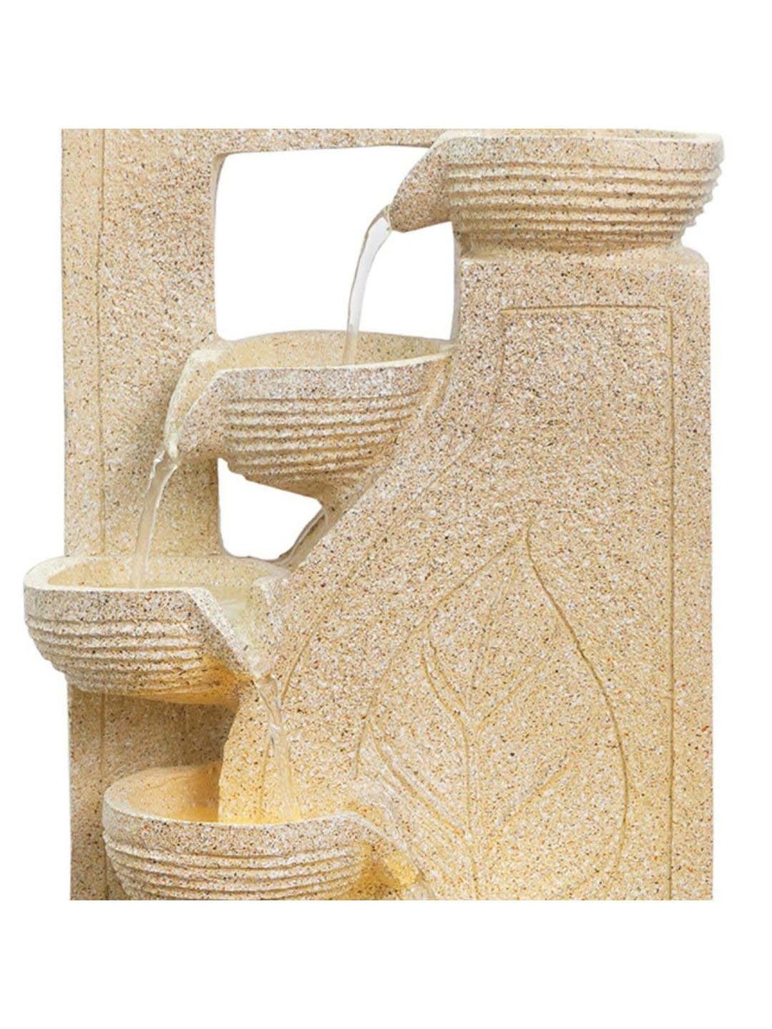 CHRONIKLE Cream Polyresin Leaf Print 4 Diya Steps Waterfall Fountain
