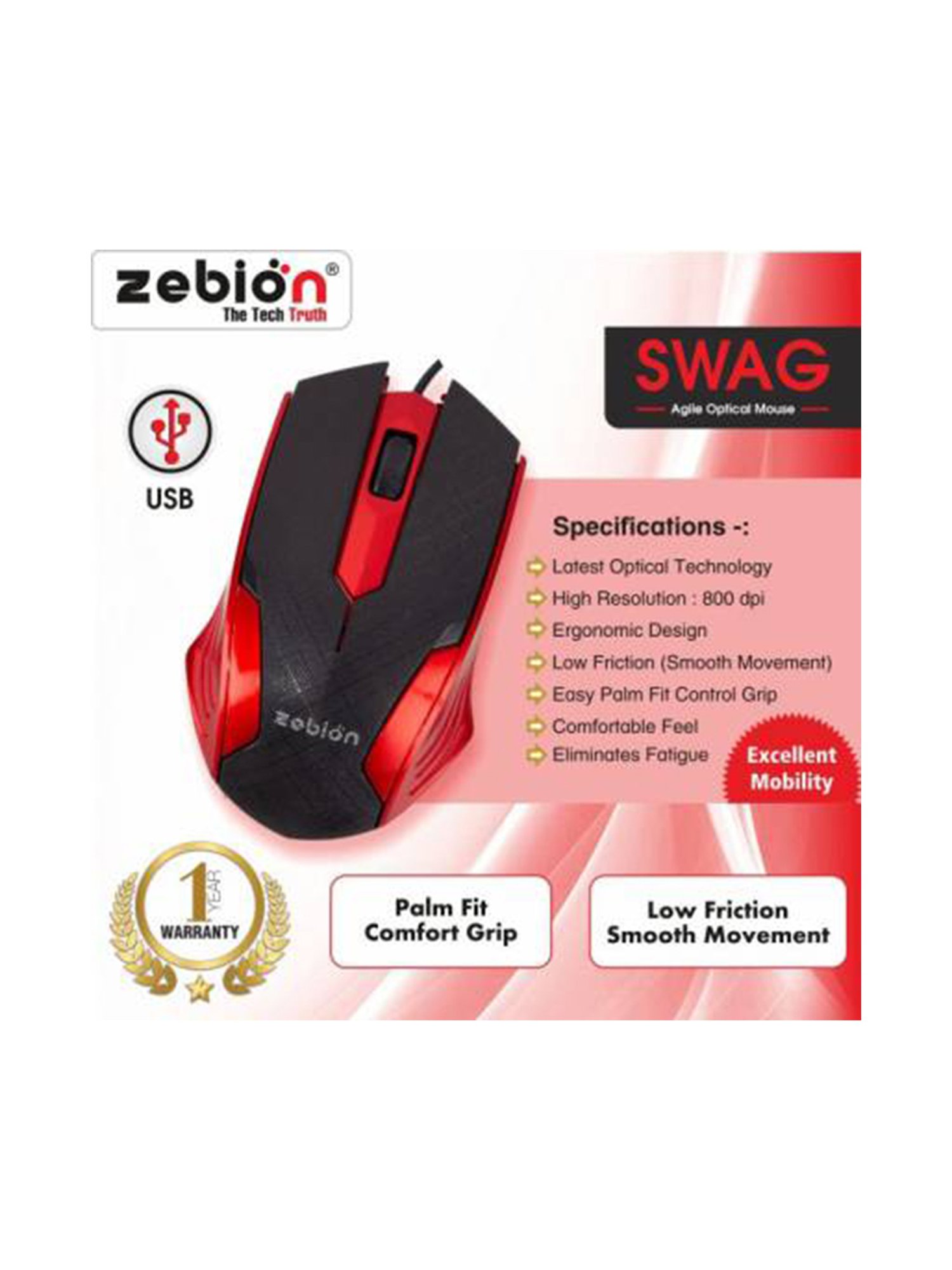 Zebion Swag Wired Optical Mouse Usb 2.0 - Red
