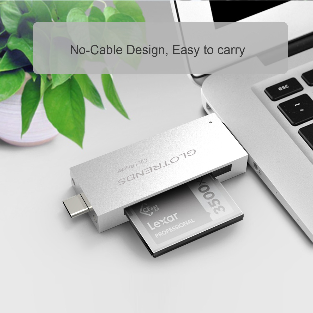 GLOTRENDS CFast Reader 2.0 10Gbps Chip with USB C and USB A Port, Full Aluminum Case Silver Color