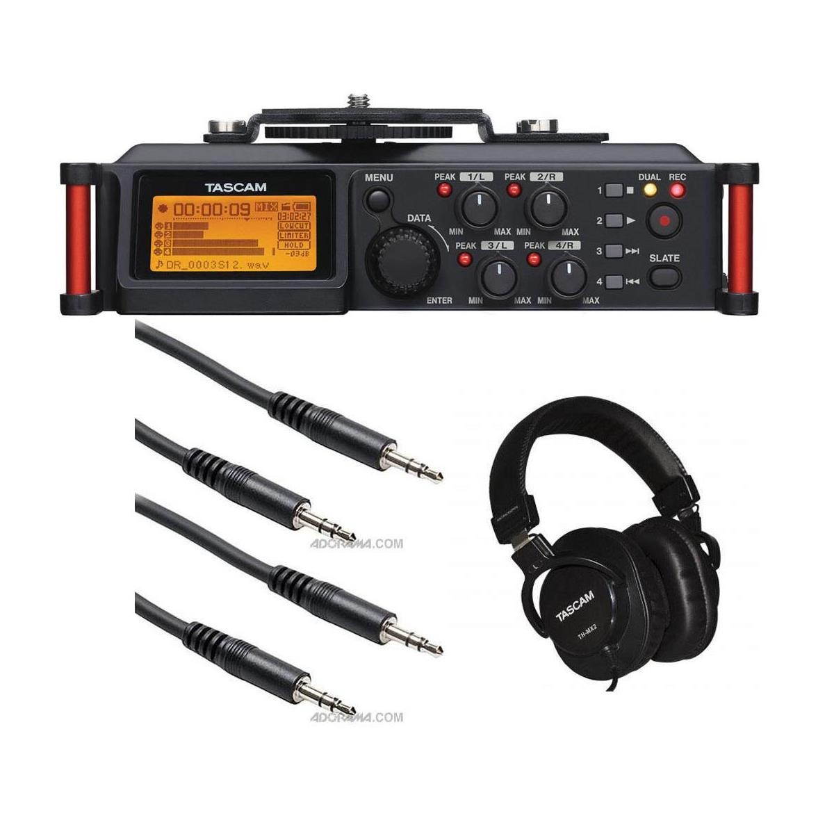 Tascam DR-70D 4-Channel Audio Recorder for DSLR Cameras W/Headphones/ 2x Cables
