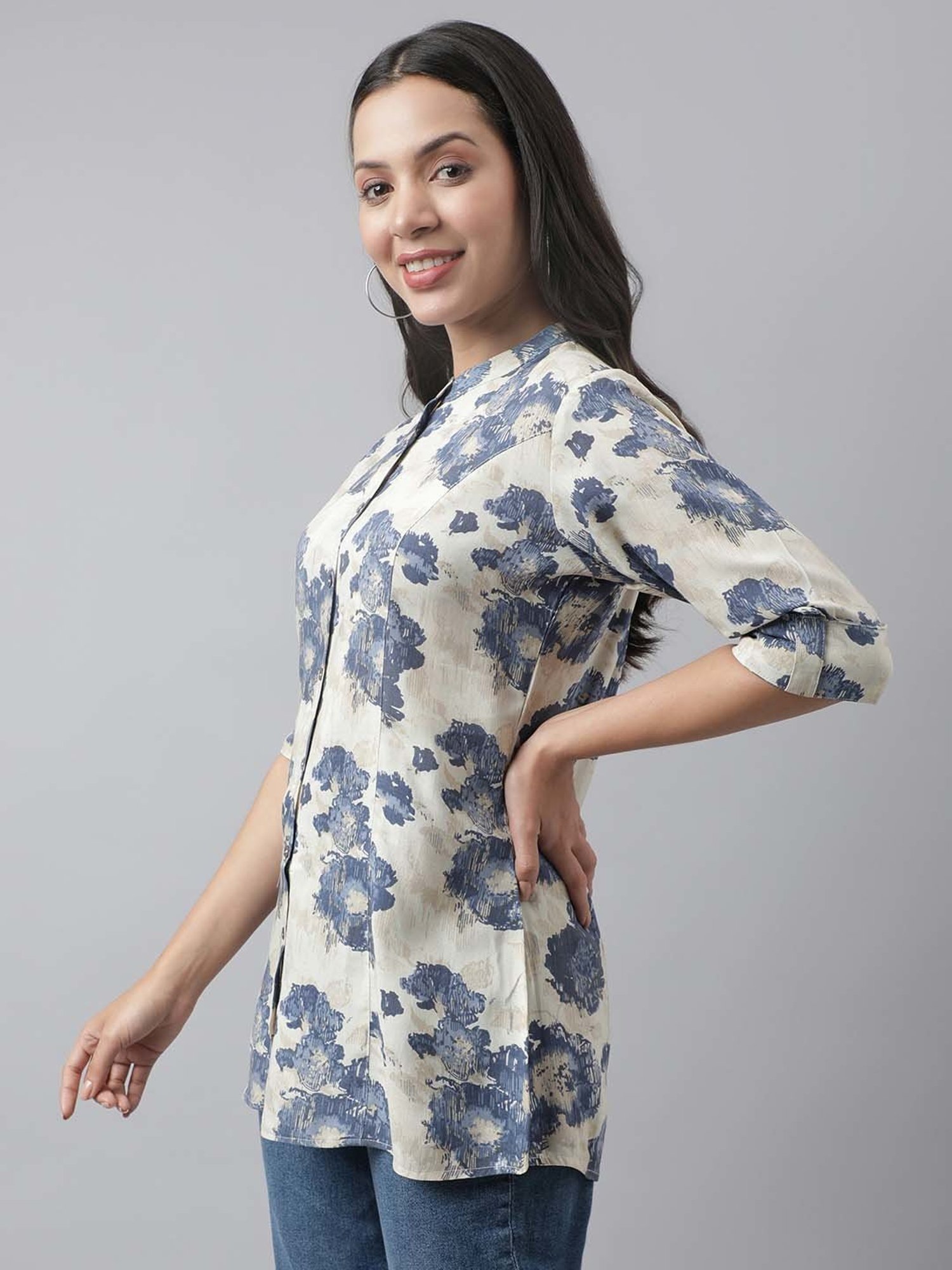 Divena Cream Cotton Floral Print Tunic