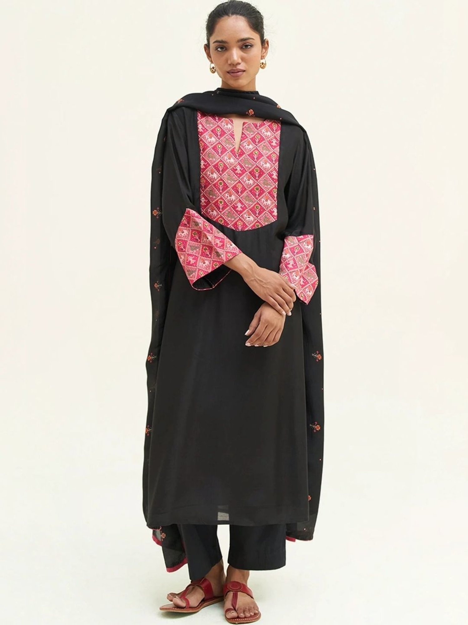 Ganga Fashions Black Kurta with Salwar and Dupatta With Patola Patch Work