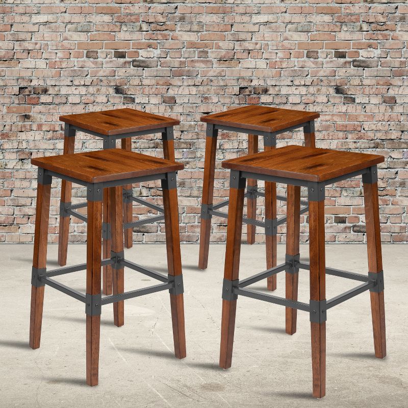 Emma and Oliver 4 Pack Commercial Grade Rustic Walnut Industrial Style Backless Wood Barstool