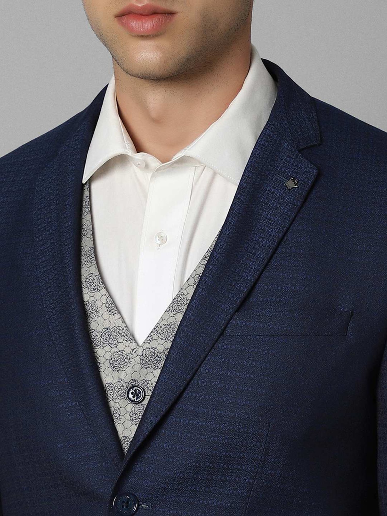 Louis Philippe Navy Slim Fit Printed Three Piece Suit