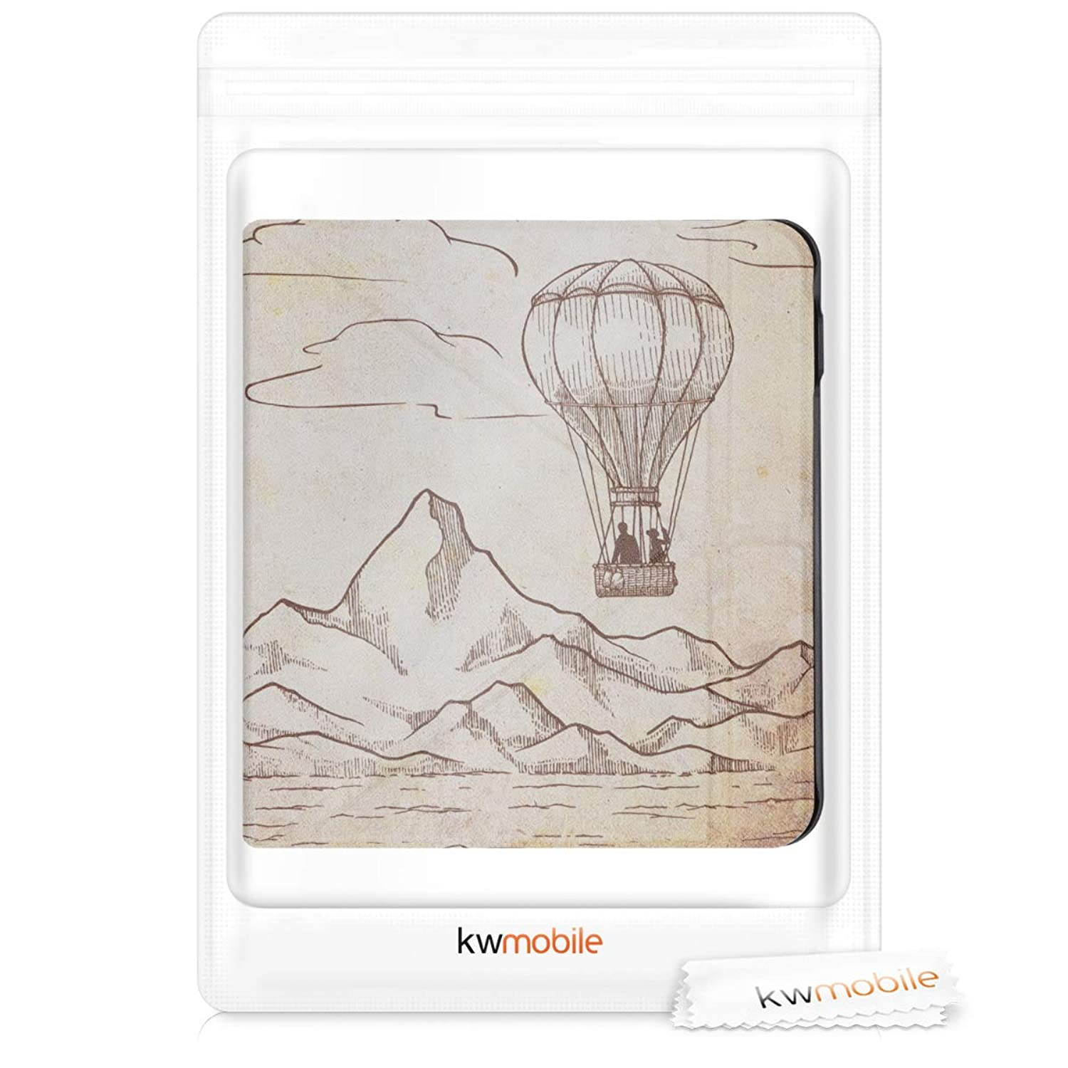 kwmobile Origami Case Compatible with Kobo Libra H2O - Slim Premium PU Leather Cover with Stand - Hot Air Balloon Dark Brown/Beige