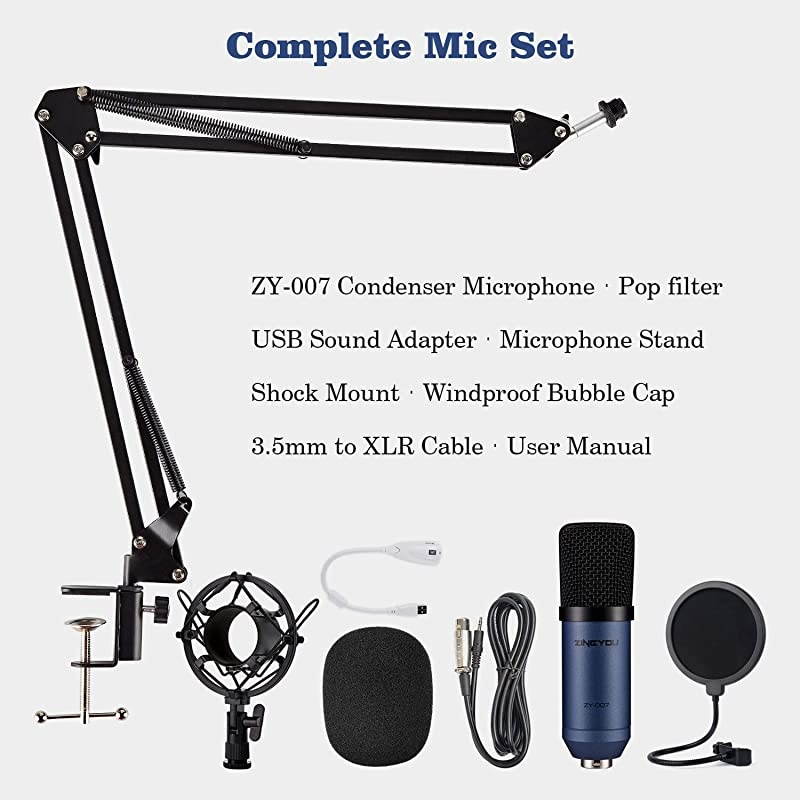 Condenser Microphone  Computer Mic ZY-007 Recording Bundle for Gaming Streaming YouTube Videos Professional Cardioid Microphone Include Adjustable Arm Stand, Shock Mount and Pop Filter(Blue)