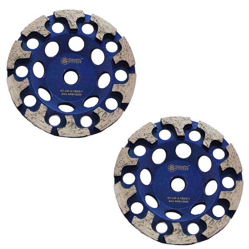 DiamaPro Systems Threaded 5 Inch T Segment Concrete, Masonry, Stone Grinding Cup Wheel Tool for Finishing & Polishing, (2 Pack)