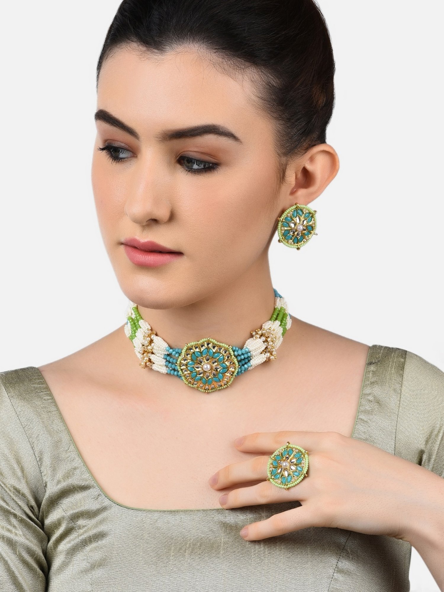 Zaveri Pearls Turquoise Blue & Green Beads Kundan Pearls Choker Necklace Earring Ring Set-ZPFK11070