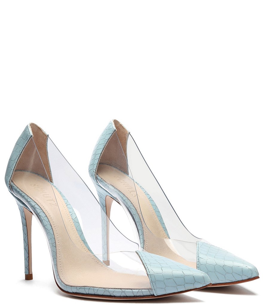 Schutz Cendi Snake Embossed Leather Clear Vinyl Pointed Toe Pumps
