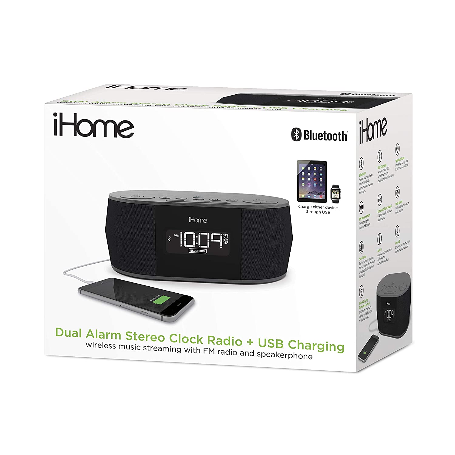 iHome Wireless Bluetooth Stereo, Dual FM Alarm Clock Radio, USB Charging, Alarm Clock For Bedrooms, Alarm Clock, Voice Echo Cancellation, Twin Speakers, Hi-Quality Sound, Battery Backup, Display, Blac