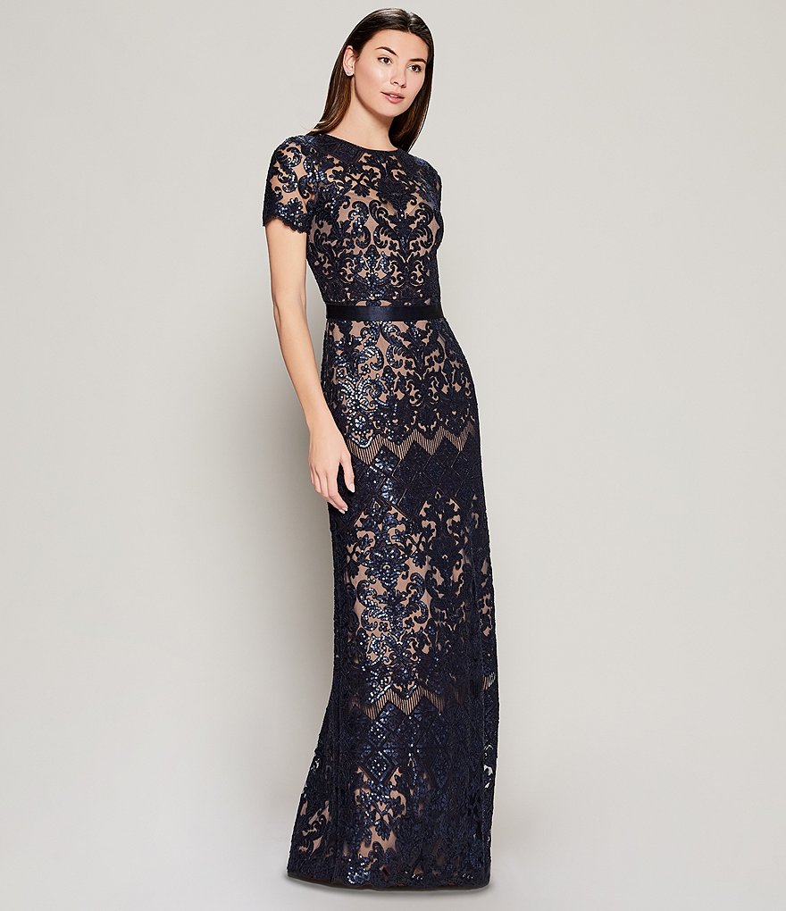 Tadashi Shoji Illusion Crew Neck Short Sleeve Ribbon Waist Sequin Lace Gown