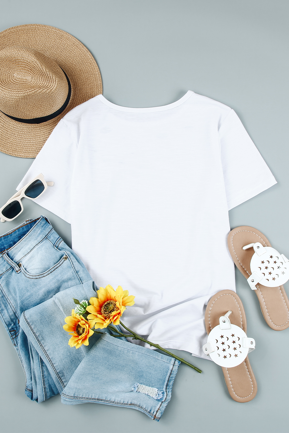 Blank T Shirt - White Distressed Short Sleeve Summer Plain T-Shirt Customized