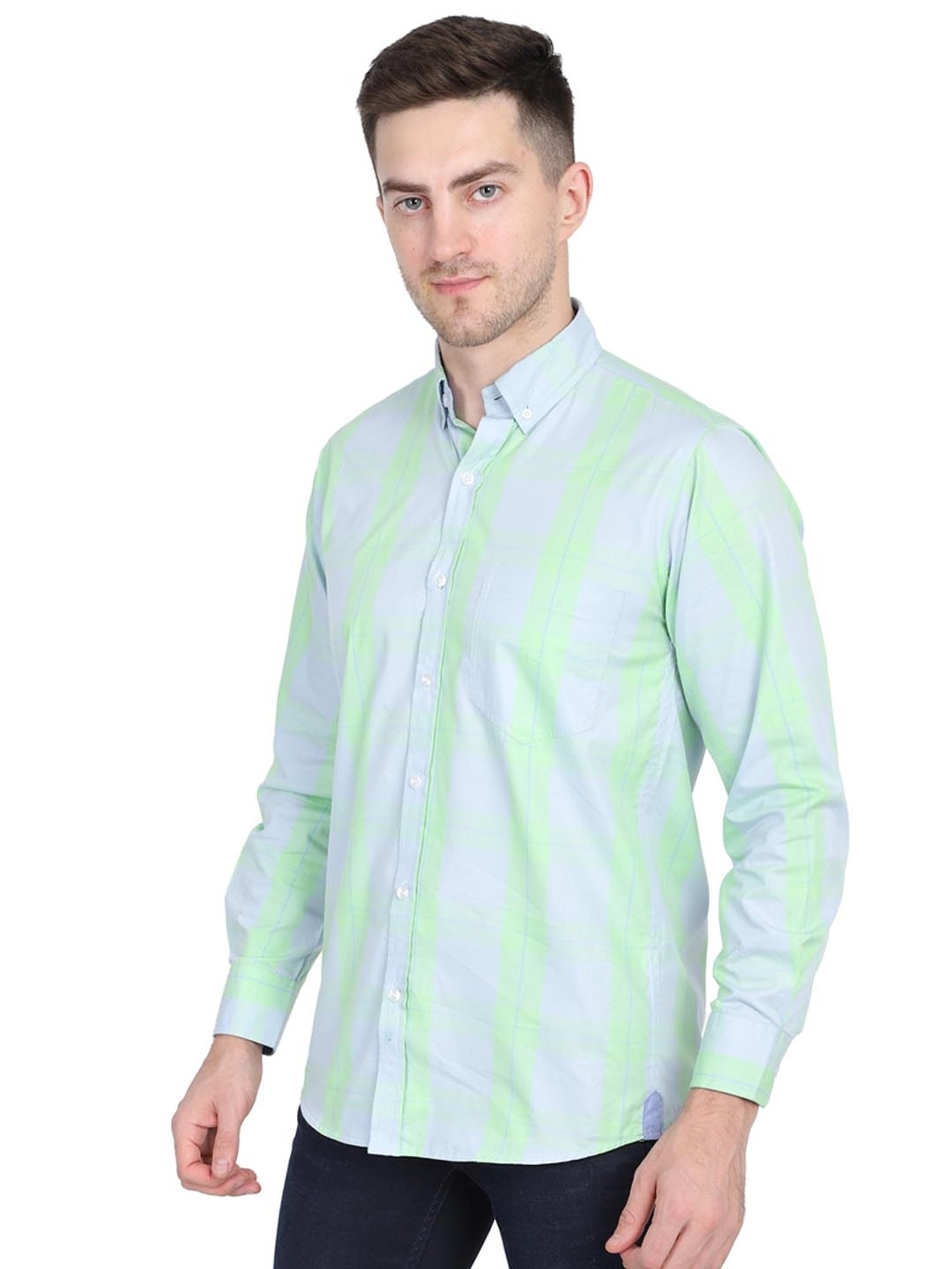 TAHVO Green Cotton Regular Fit Checks Shirt
