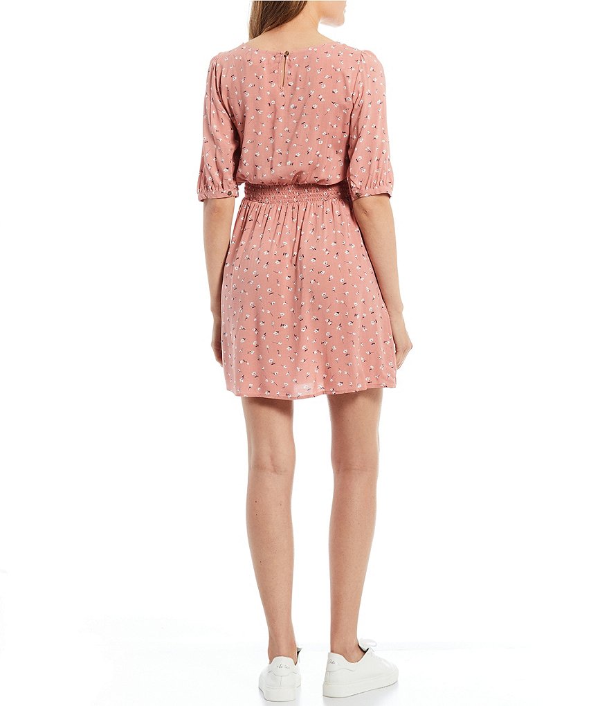 Copper Key Short Sleeve Ditsy Print Smocked Waist Dress