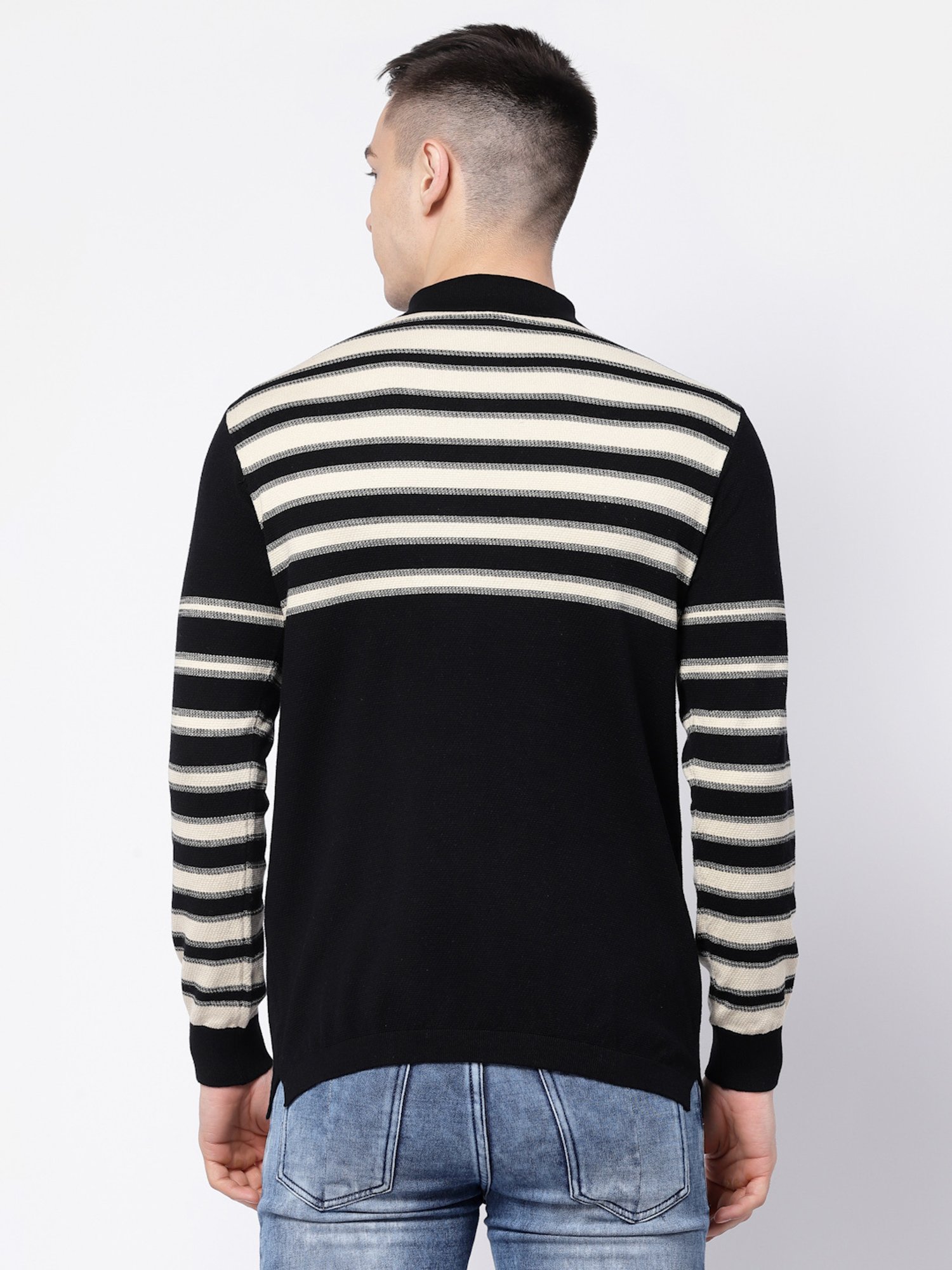 Kalt Black & Cream Regular Fit Striped Polo T-Shirt