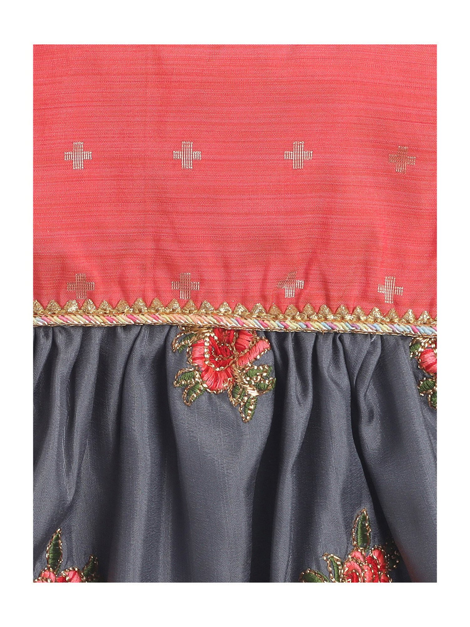 Many Frocks Kids Peach & Grey Embroidered Dress