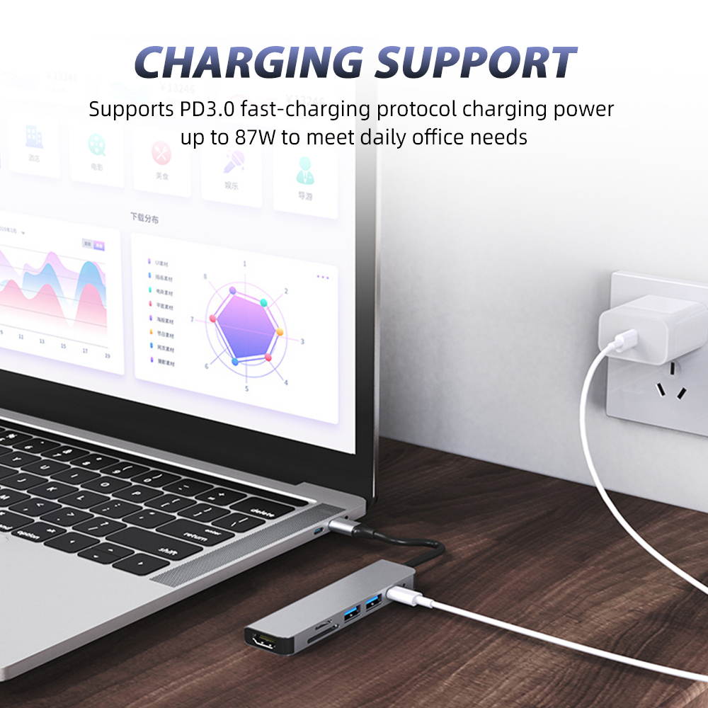 Plugadget Type C Usb Hub 6 In 1 Usb3.0 Otg Adapter 2 Usb C HDMI-compatible Tf Sd Solt Pd Charger Splitter for Macbook Laptops Usbc Hub