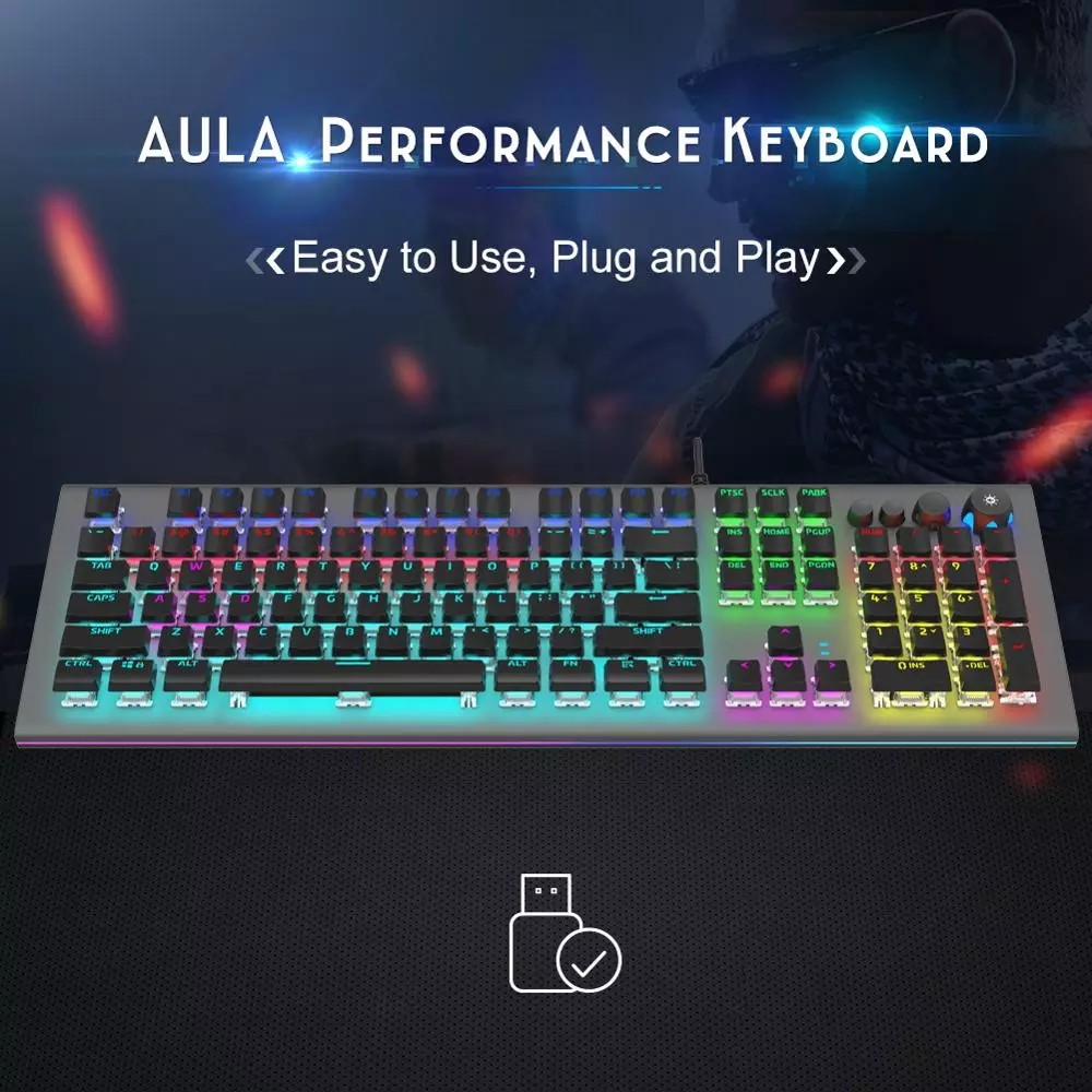 AULA F2088 RGB Mechanical Gaming Keyboard, with Media Keys, Detachable Wrist Rest, Rainbow Backlight, Durable Metal Panel, 104 Keys Anti-ghosting Ergonomic USB Wired PC Gaming Keyboards (Blue Switch)