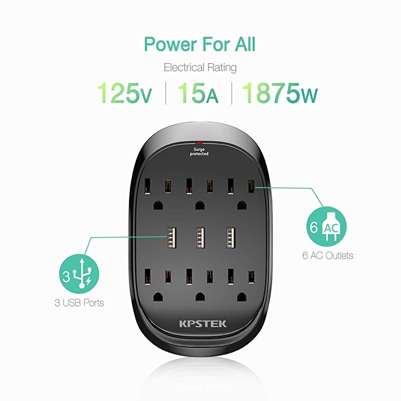 Protector 2 Pack KPSTEK 6Outlet Multi Plug Outlet Extender with 3 USB Ports 34A Total Wall Plug Adapter for Home Office and Dorm Room Black KS3336F