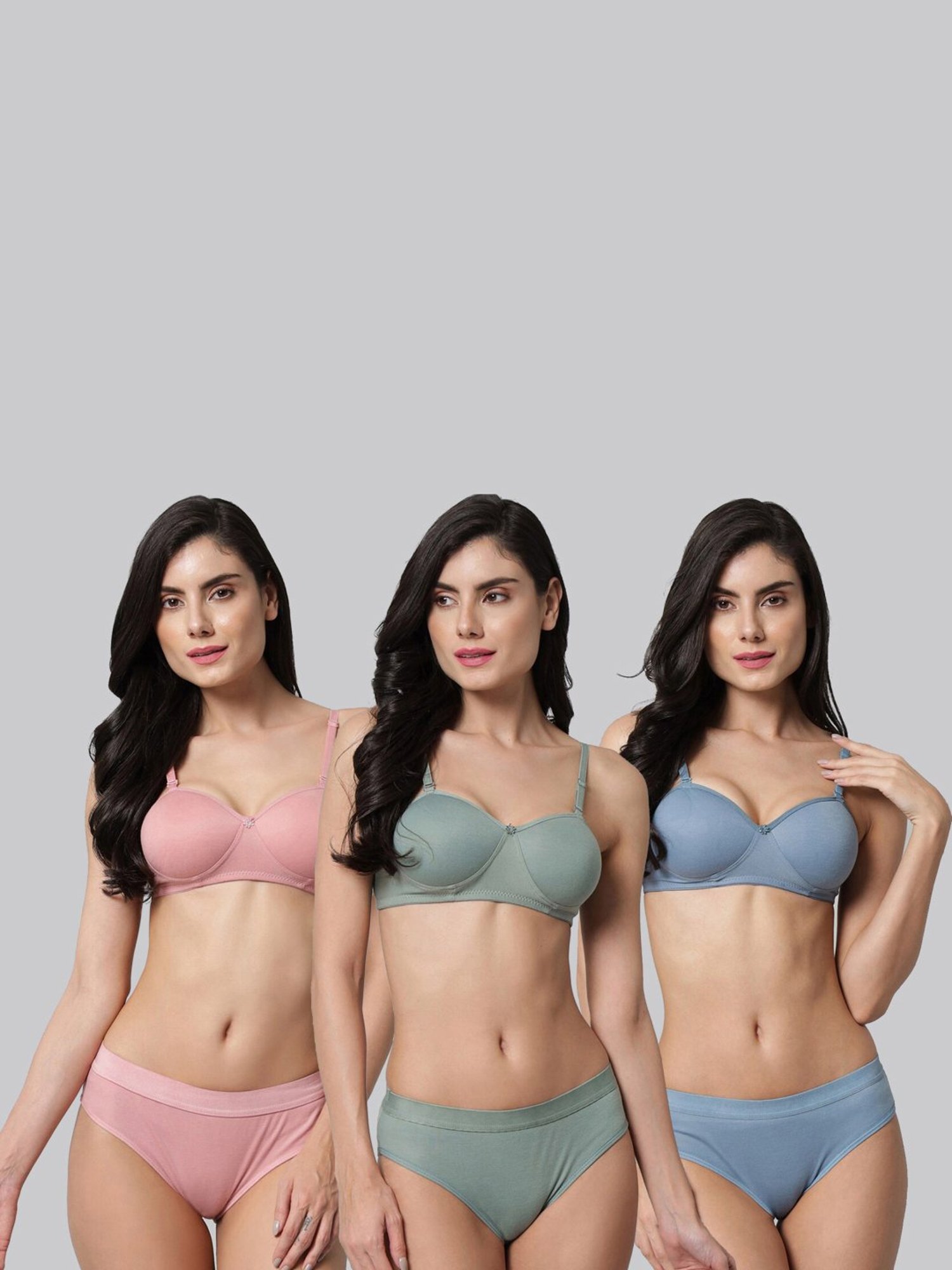 AROUSY Pink & Blue Cotton Bra Panty Set - Pack Of 3