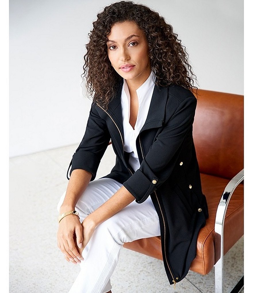 Ming Wang Deco Crepe 3/4 Sleeve Zip-Front Shirt Jacket