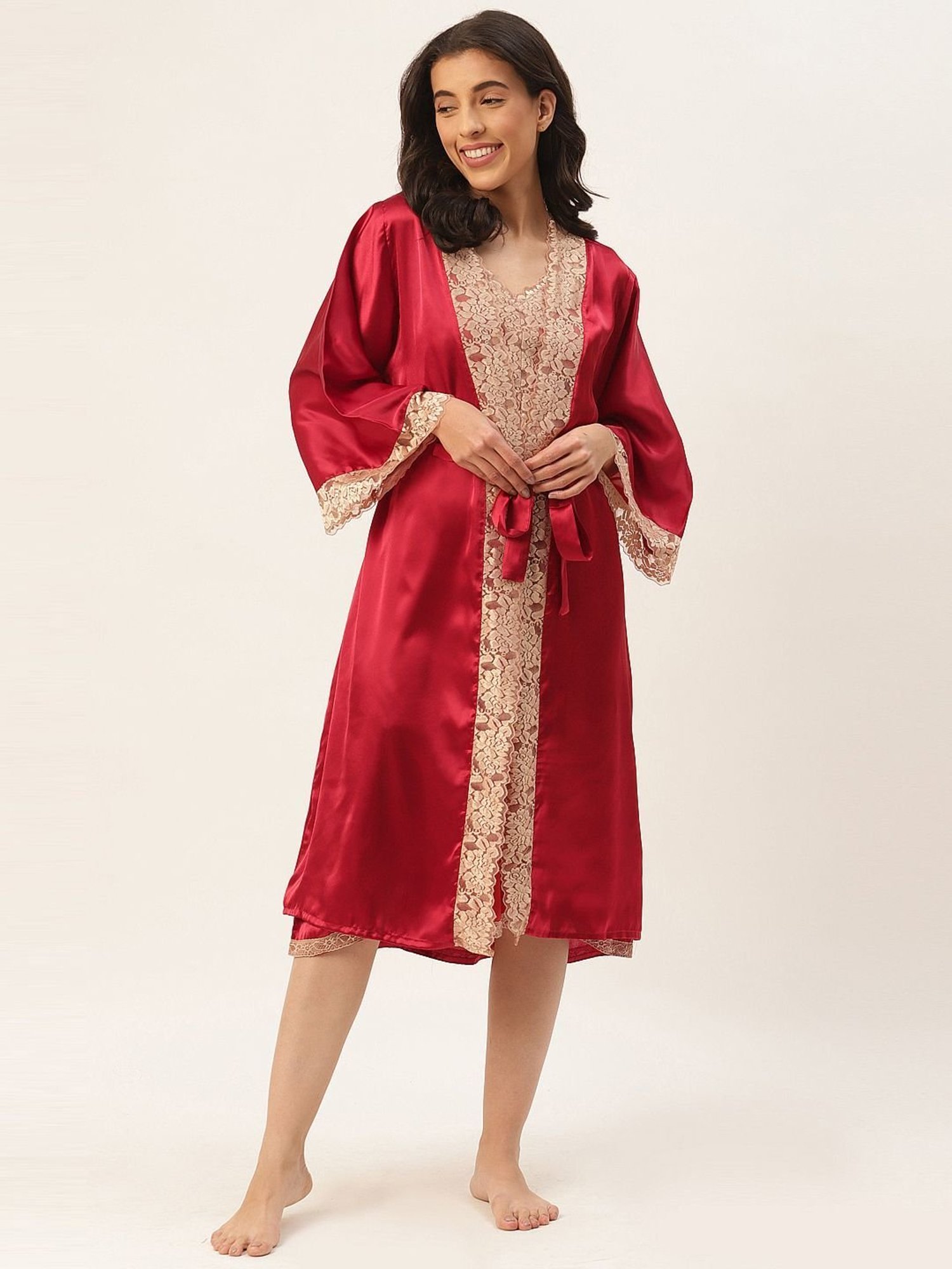 Ms.Lingies Maroon Lace Work Nightwear With Robe