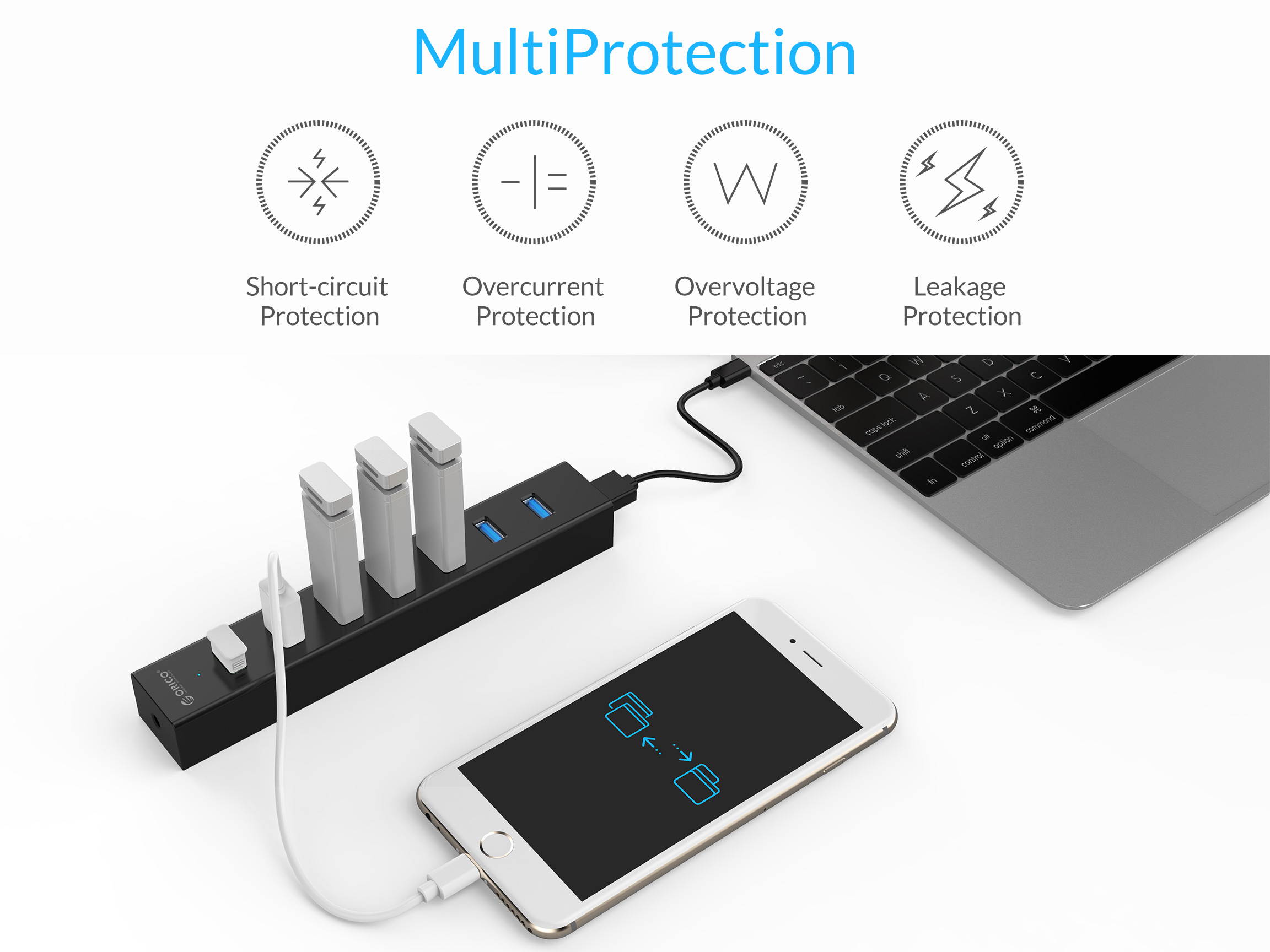 ORICO Super Speed USB 3.0 7 Port Hub with 3.3Ft. Power Cord and Data Cable - (ORICO H7013-U3-V1-BK) Black