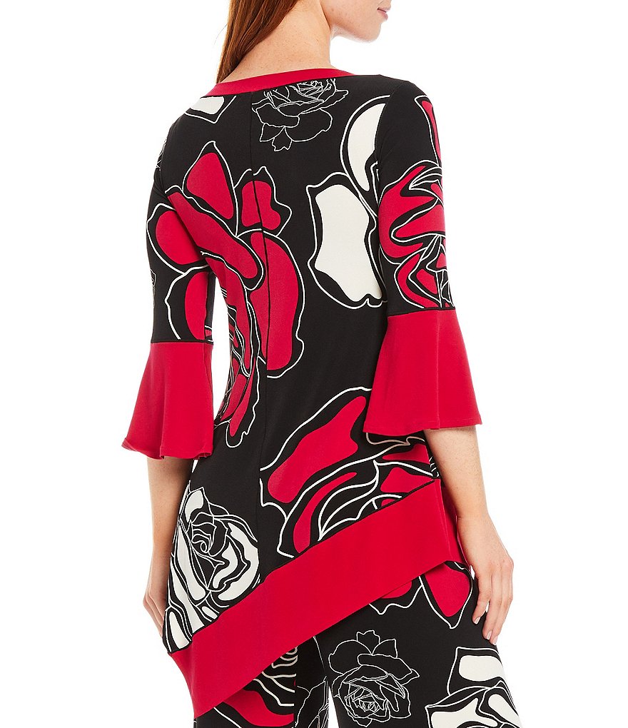 Eva Varro Sketched Rose Print Knit Bell Sleeve Asymmetric Hem Boat Neck Tunic