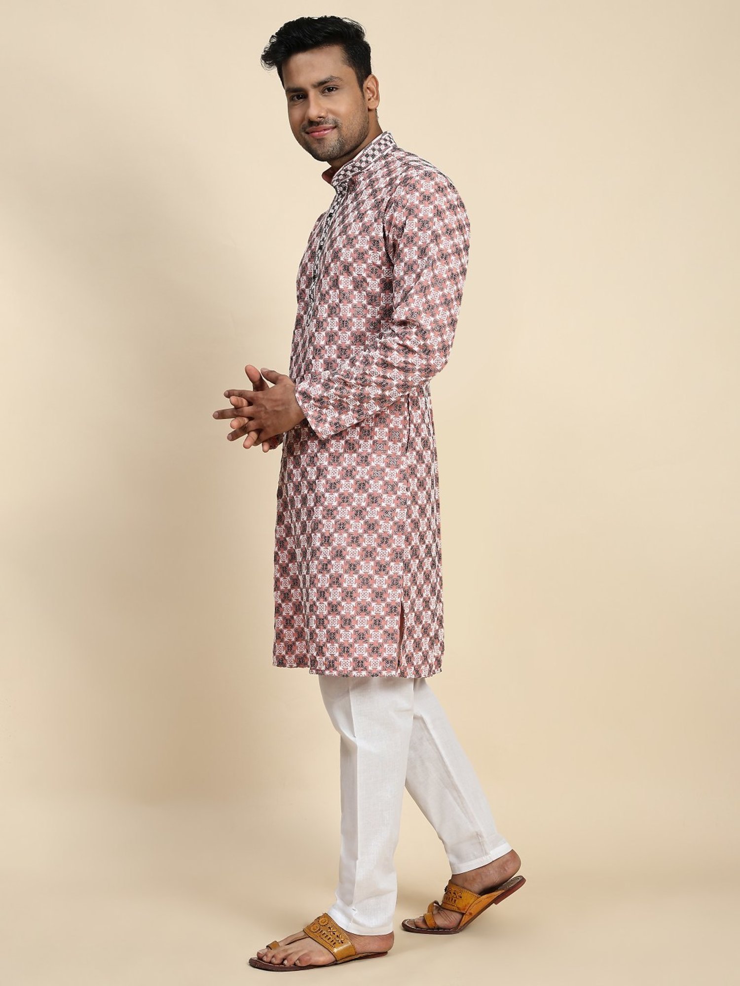 Pro-Ethic Style Developer Peach & White Cotton Regular Fit Embellished Kurta Bottom Set