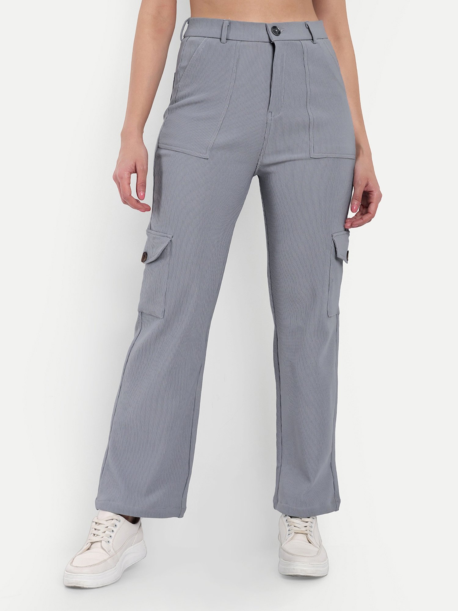 Broadstar Grey Cotton Straight Fit High Rise Cargo Pants