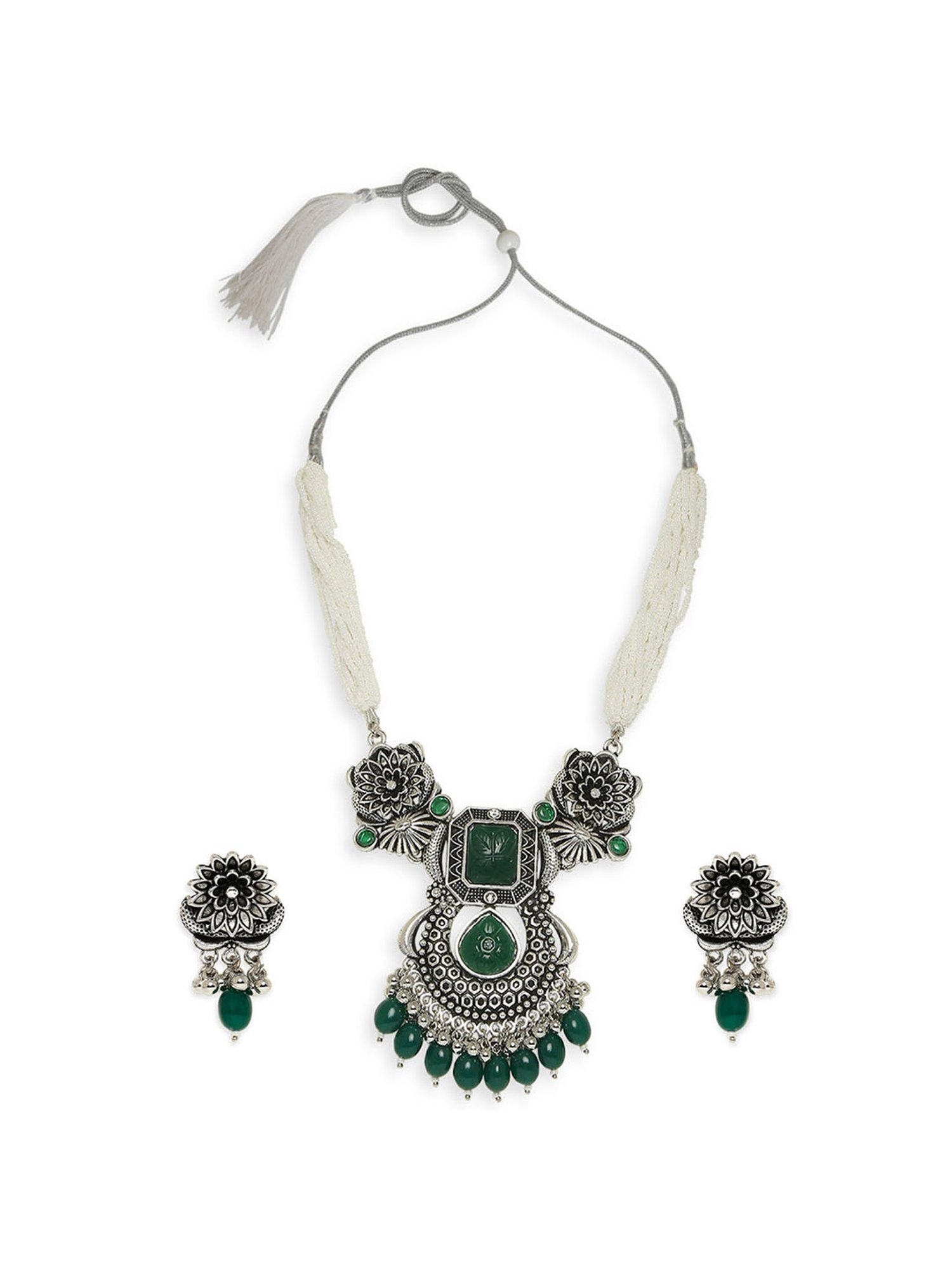 OOMPH Oxidized Silver Tone Green Jaipur Stones Ethnic Necklace Set with Drop Earrings