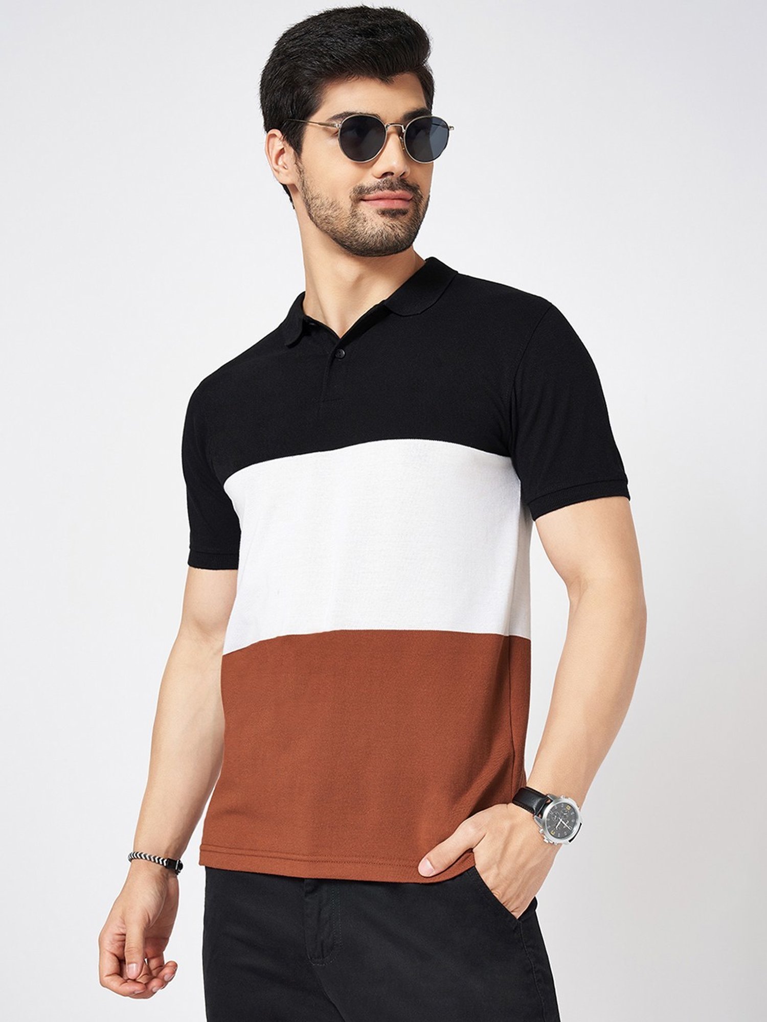 Byford By Pantaloons Multicolored Cotton Slim Fit Colour Block Polo T-Shirt