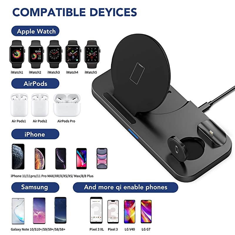3 in 1 Wireless Charging Station for Apple Products Compatible with Apple Watch Series Se 6 5 4 3 2, AirPods Pro 2, Fast Wireless Charger Stand Dock for iPhone 12, 11 Pro Max, 11, XR, XS, X