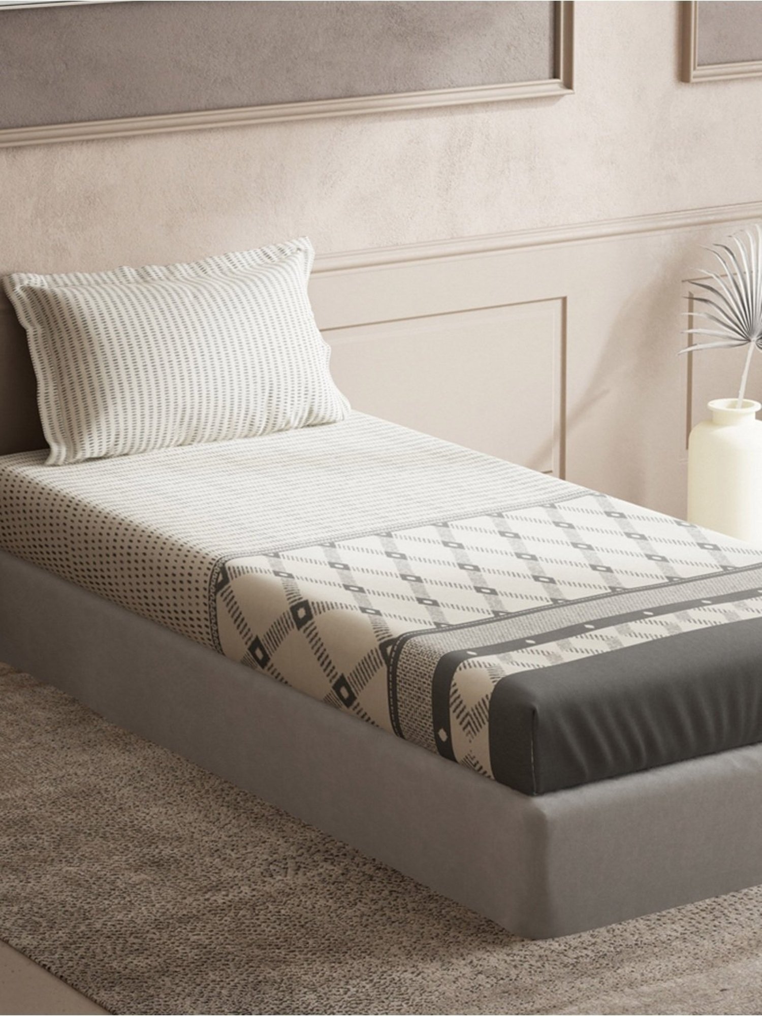 DDecor Ethnic Grey 150 TC Cotton Single Bedsheet with 2 Pillow Covers