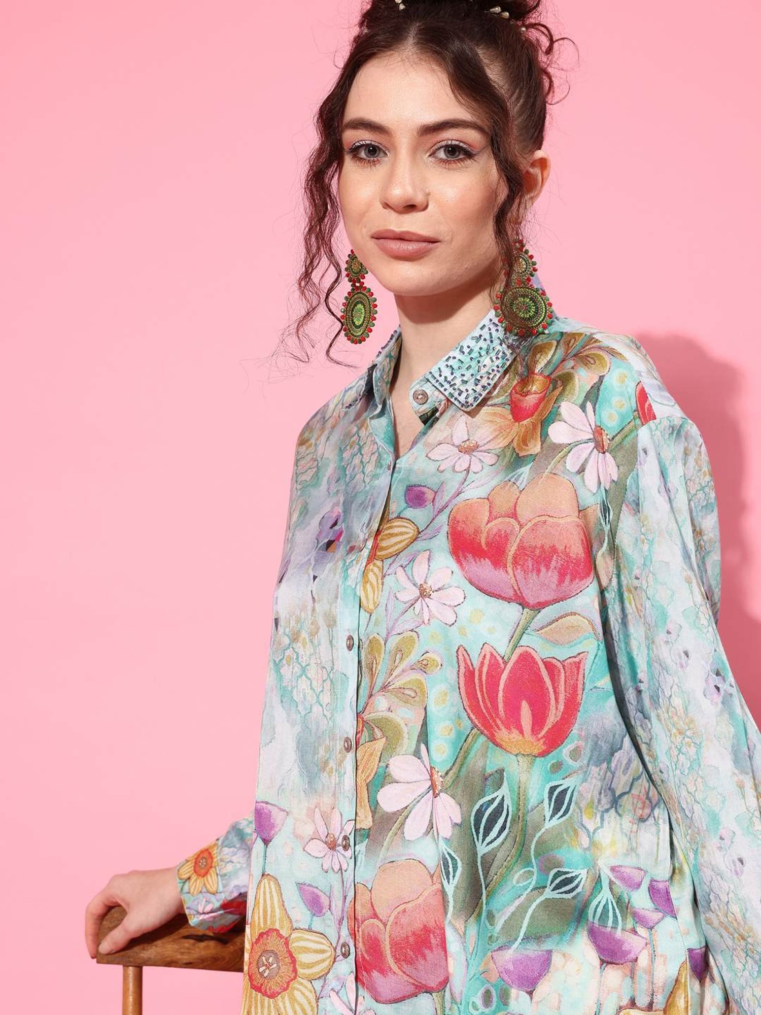 Indo Era Multicolored Floral Print Shirt Pant Set