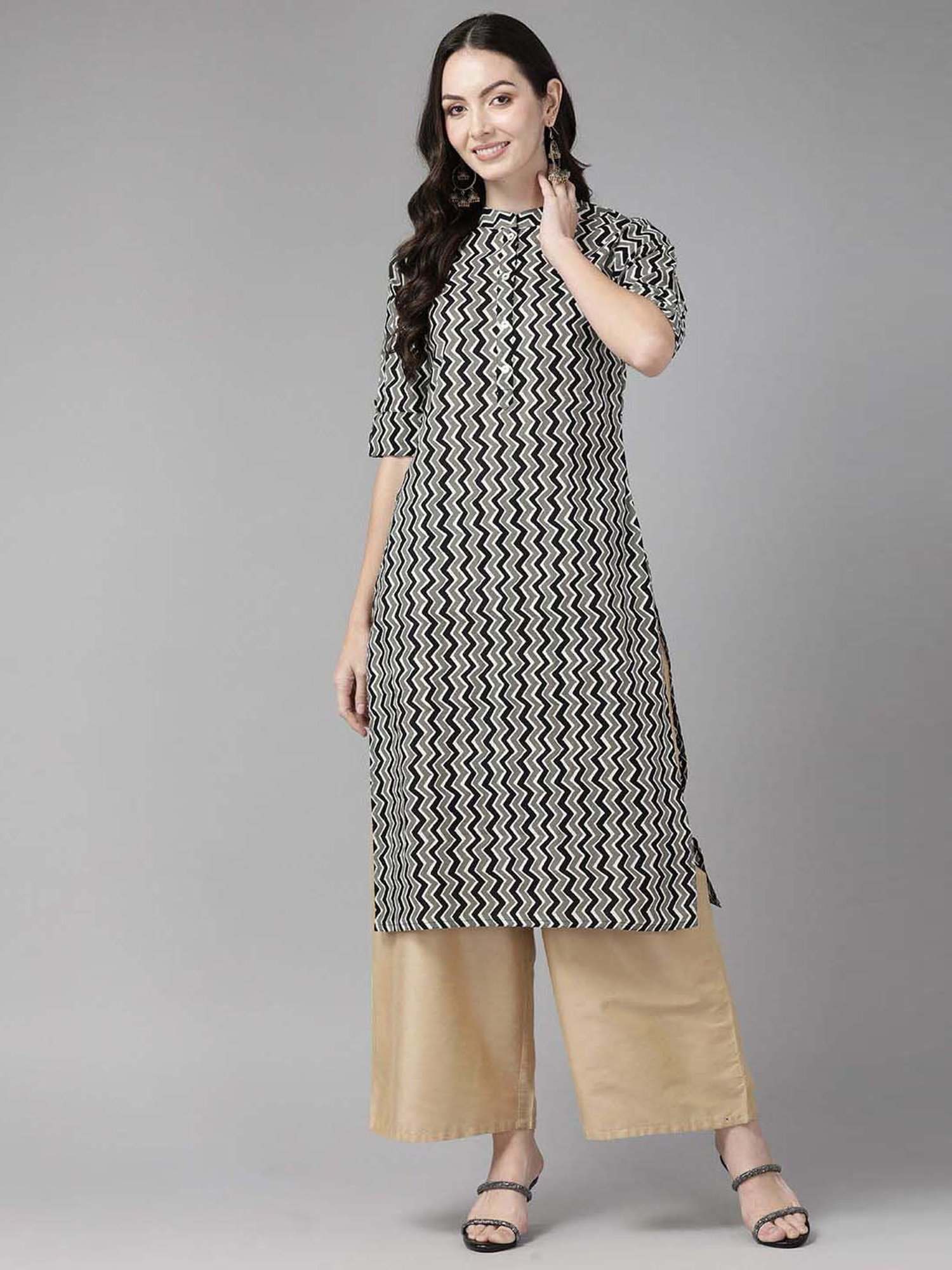 Cayman Grey Cotton Printed Straight Kurta