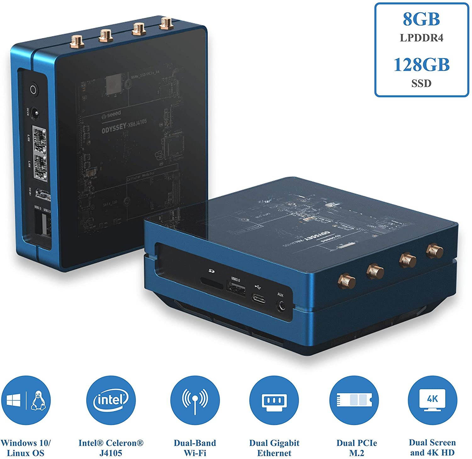 Mini PC, Odyssey X86 Blue J4105 Windows 10 Desktop Computer, Intel Celeron Processor 8GB RAM and 128GB External SSD with Re_Computer Case,Dual Gigabit Ethernet, Dual Band Wi-Fi, 4K HD, Dual Screen