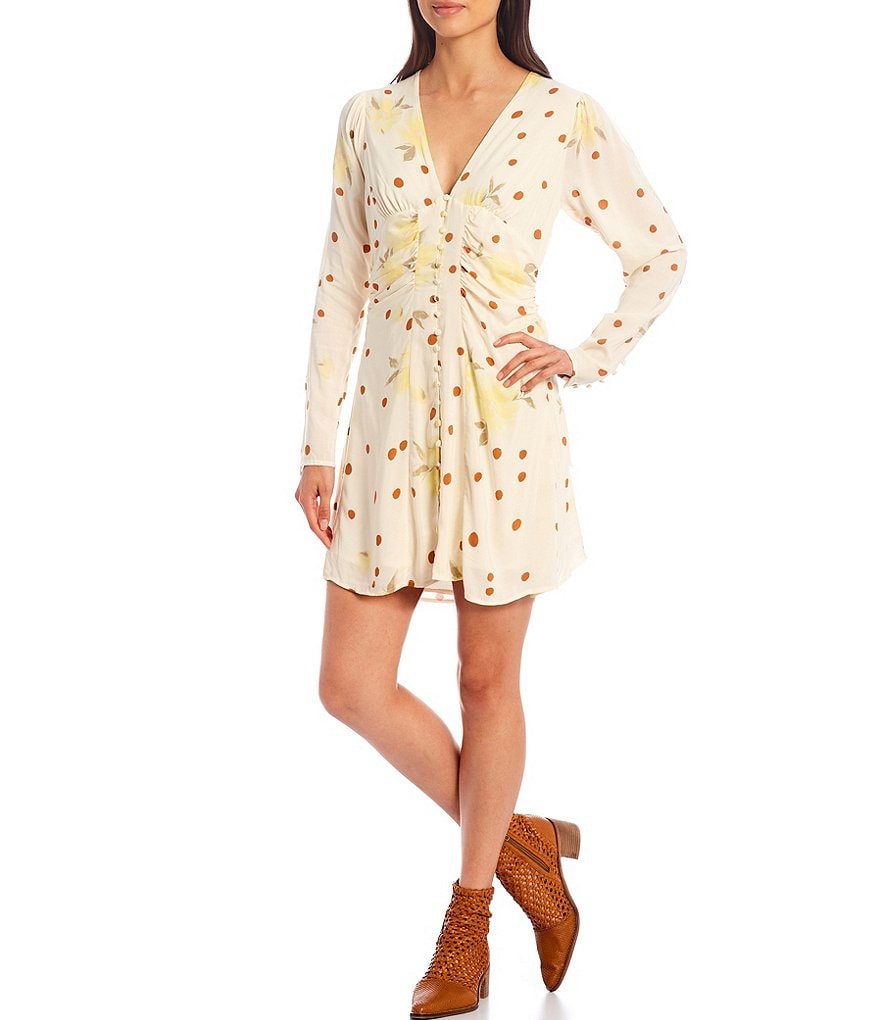 Free People Date Night Long Sleeve V-Neck Mini Dress