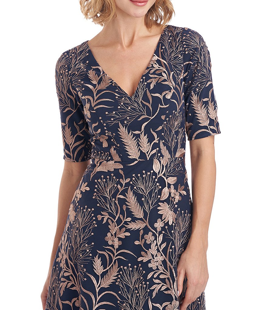 JS Collections Tilly V-Neck Short Elbow Sleeve Embroidered Midi Dress
