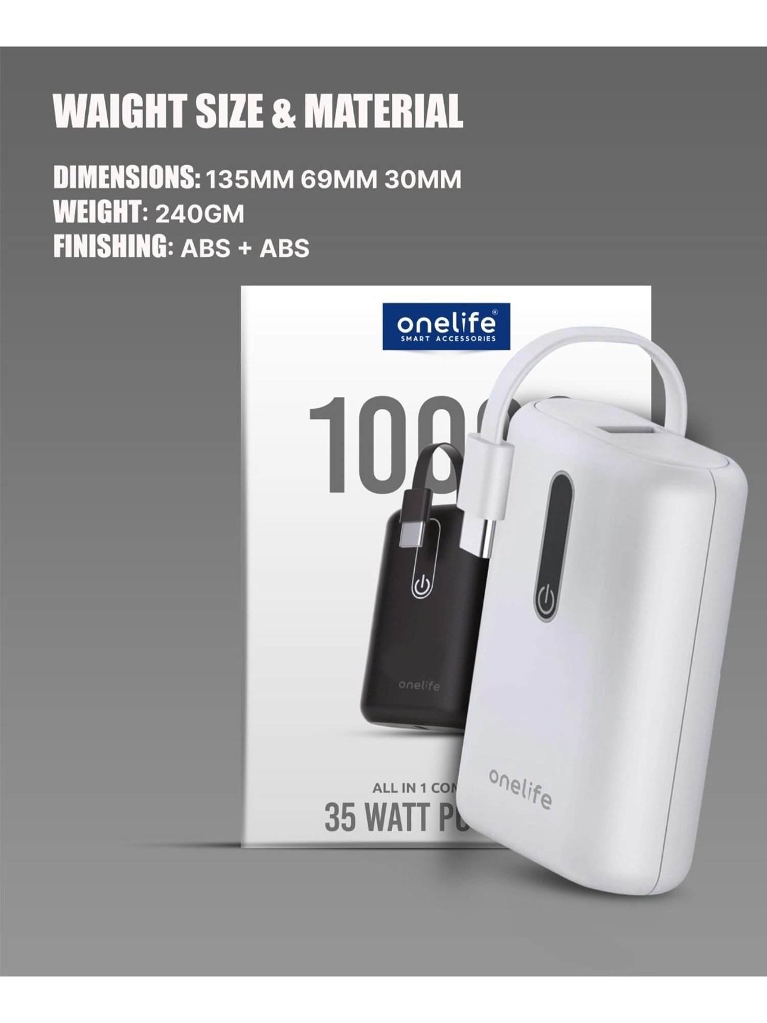 Onelife Power 12, 10000 mAh 35W Fast Charging Mini Power Bank with PD3.0 35W (White)