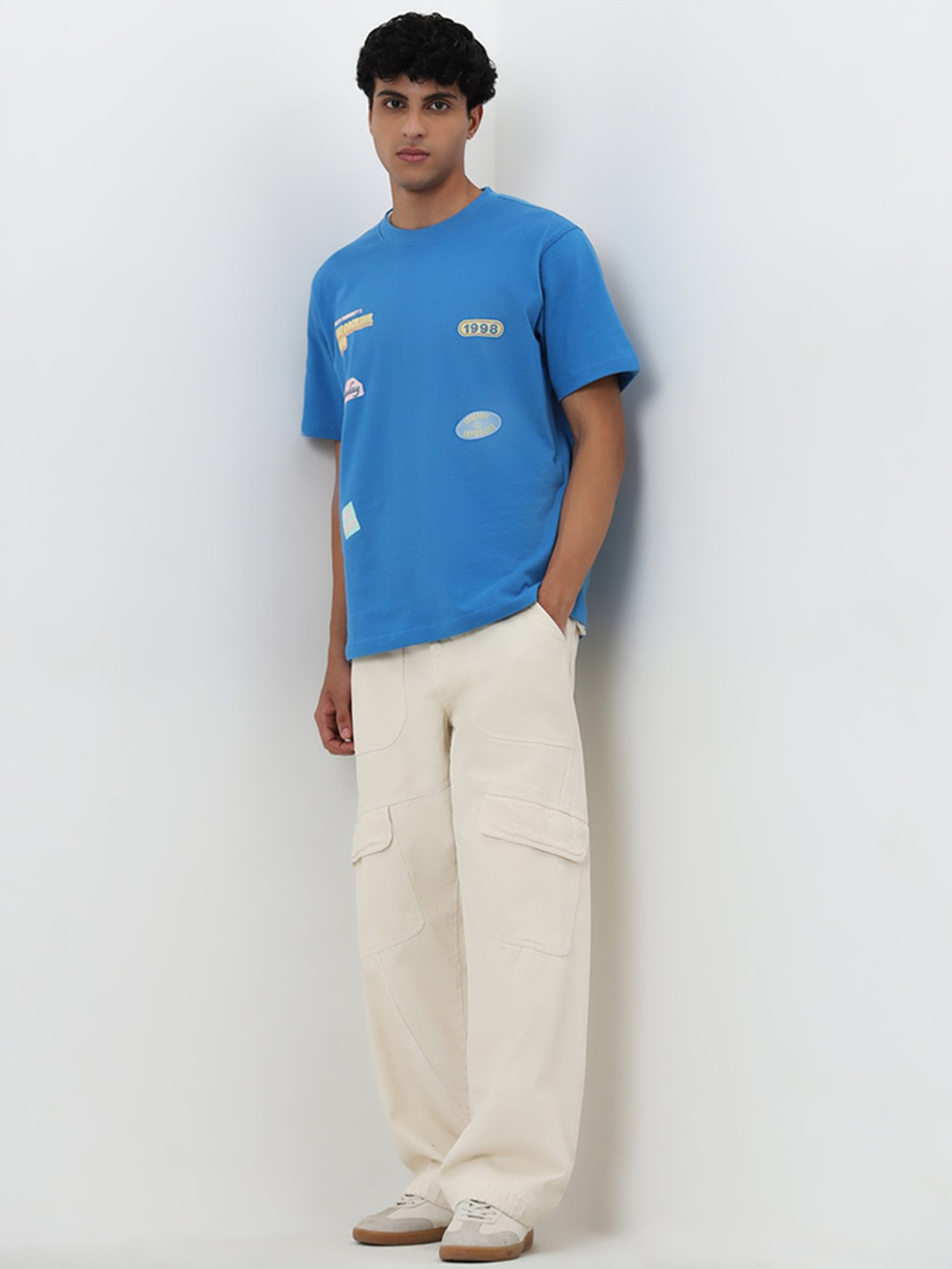 Nuon by Westside Blue Text Embossed Relaxed-Fit Cotton T-Shirt