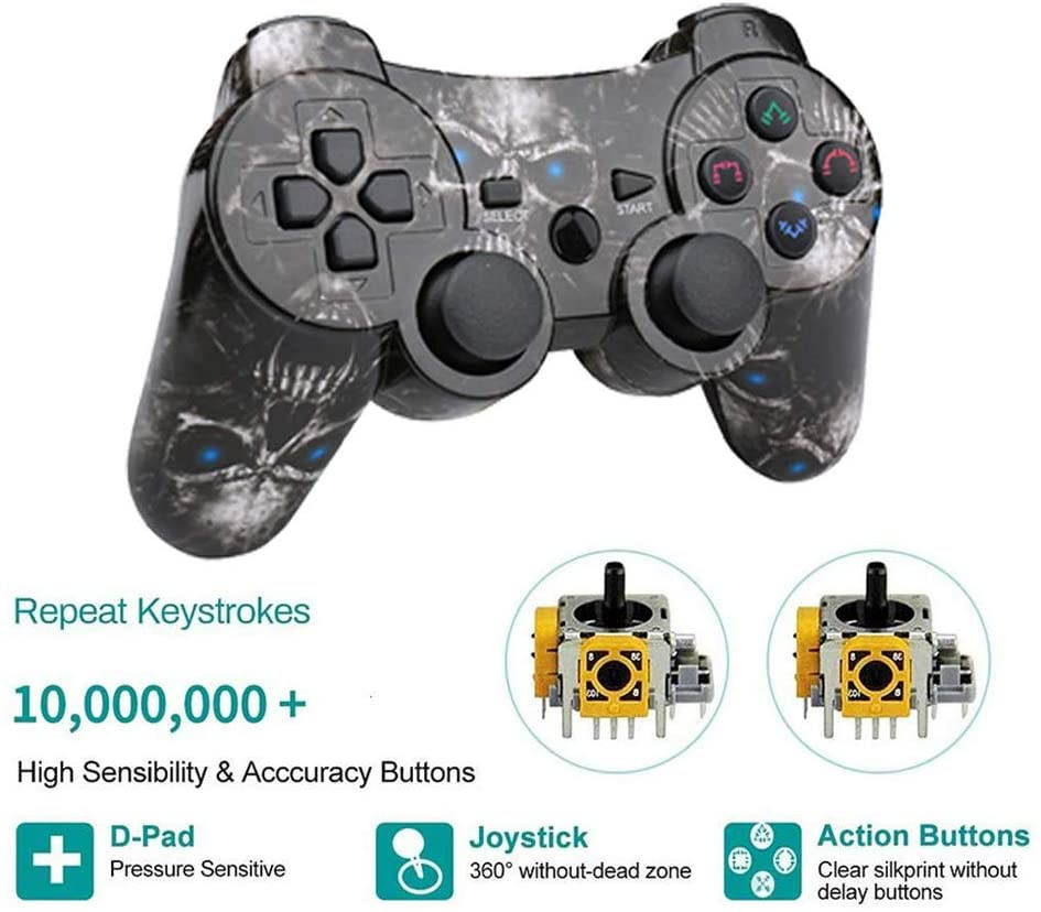 Bluetooth PS3 Controller Wireless Dual Shock Gamepad for Sony Playstation 3 with Charging Cord (Skull)