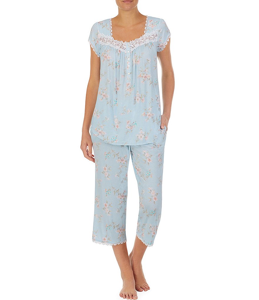 Eileen West Floral Print Jersey Knit Capri Scoop Neck Cap Sleeve Coordinating Pajama Set