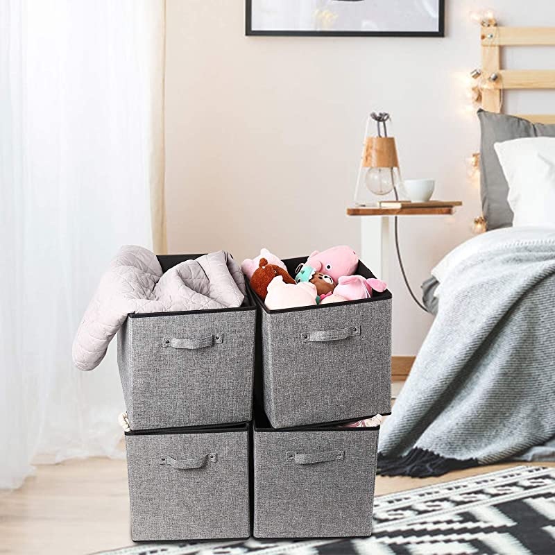4 Pack Gray Fabric Foldable Cubes Strorage Bin Baskets Organizer Container with Strong Handles Size 13 x 15 x 13 inch