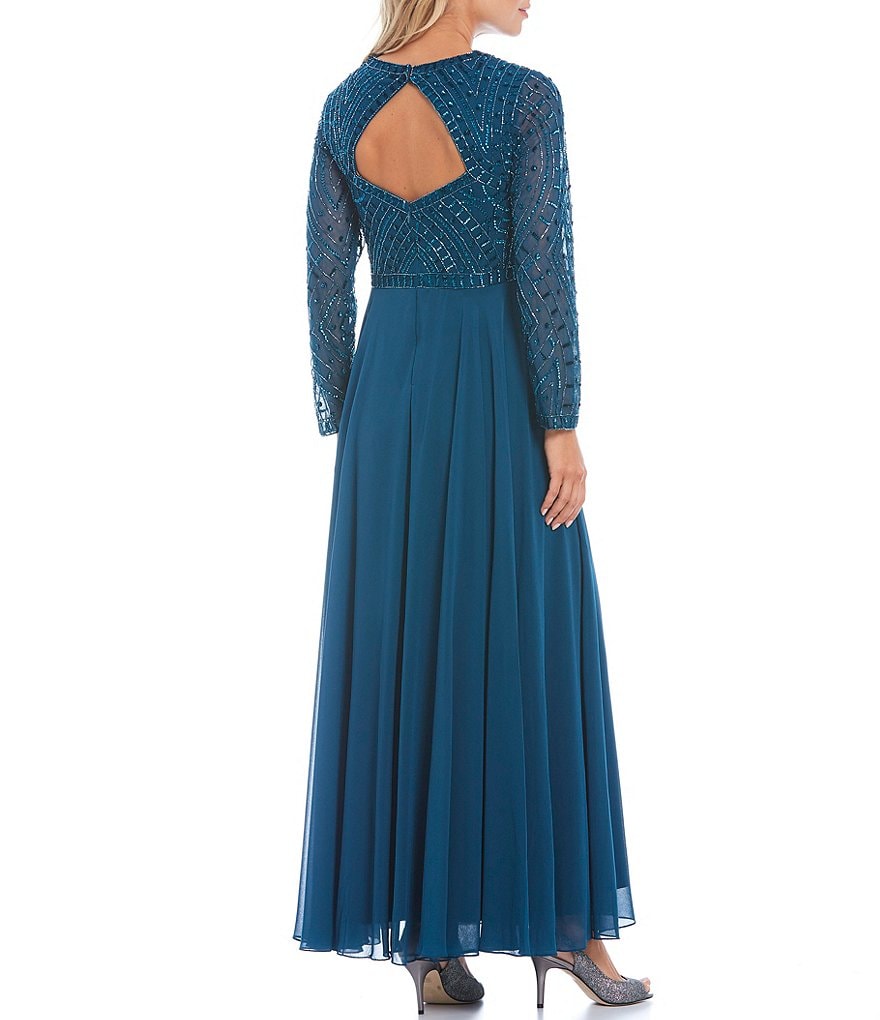Jkara Beaded Bodice Sweetheart Neck Long Sleeve Chiffon Gown