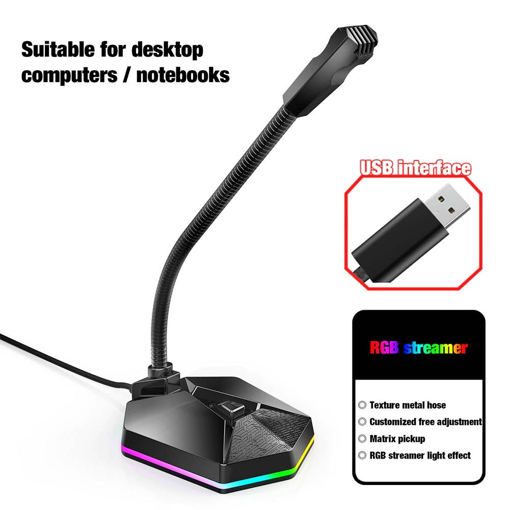 Professional USB Capacitive Microphone Desktop PC Studio Micphone Noise reduction Flexible Mic with RGB Light for Live Streaming