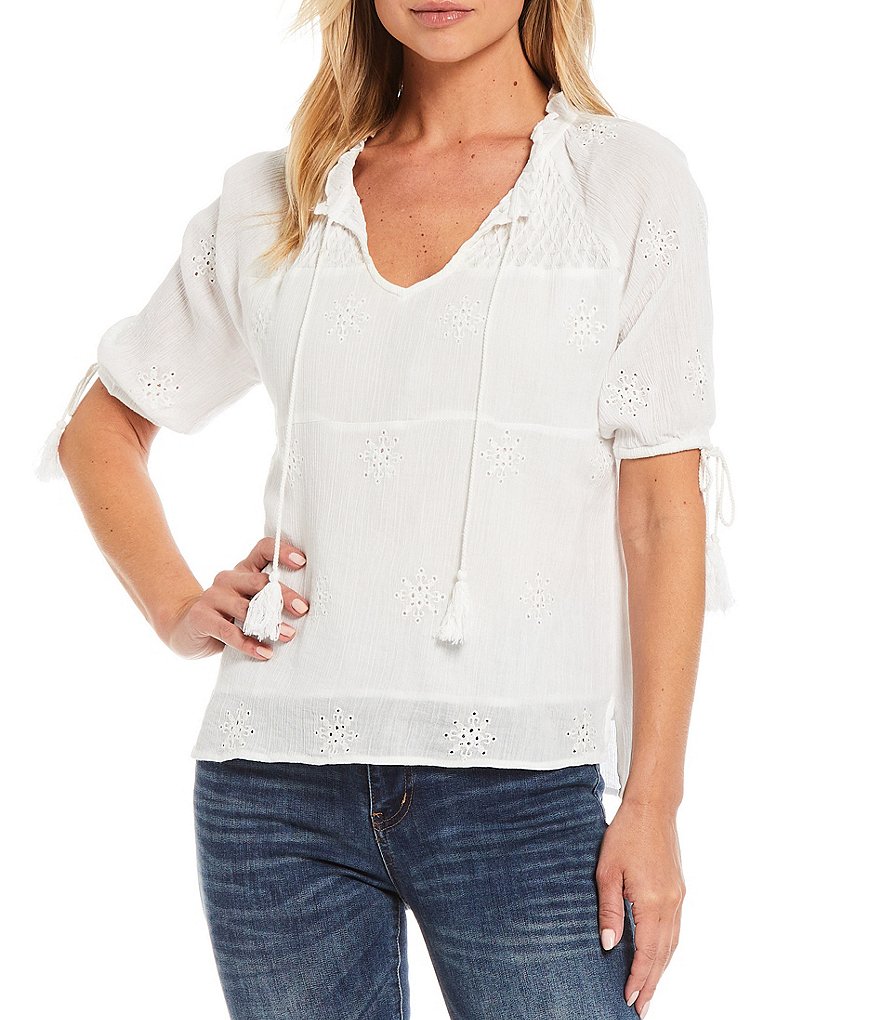 Reba Embroidered Eyelet Cotton Crinkle Puff Sleeve Top
